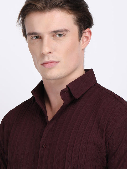 Dark Maroon Popcorn Texture Full Sleeves Shirt