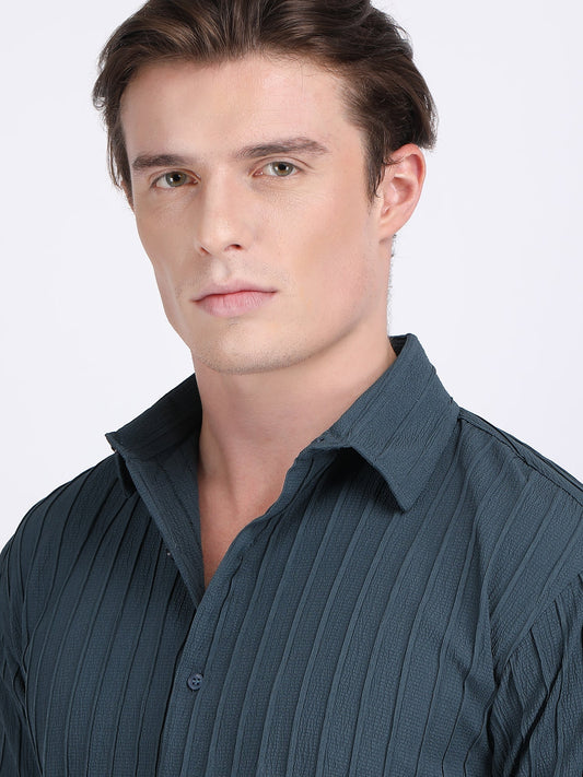 Teal Blue Popcorn Texture Full Sleeves Shirt