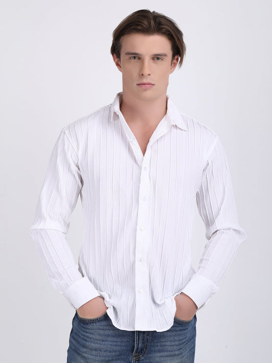 White Popcorn Texture Full Sleeves Shirt