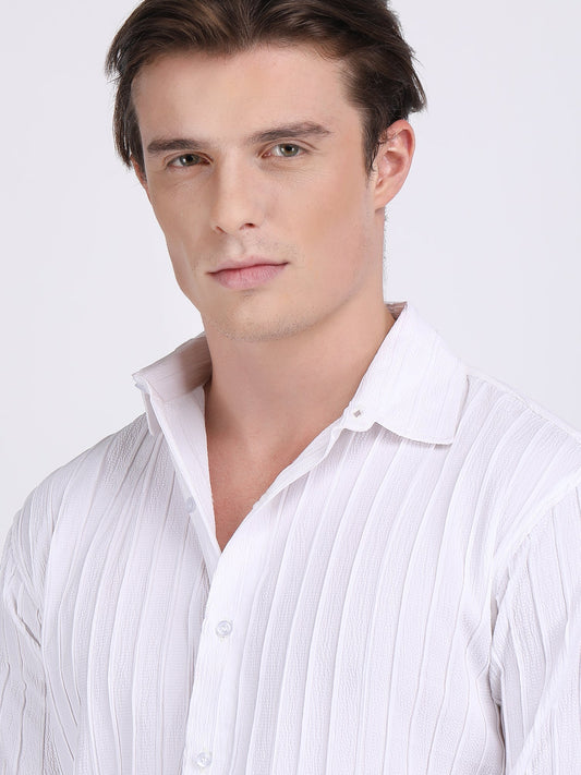 White Popcorn Texture Full Sleeves Shirt