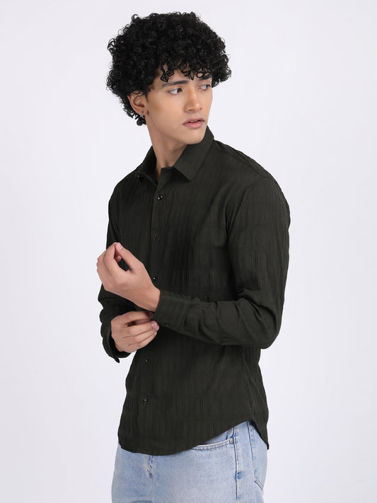 Dark Green Popcorn Texture Full Sleeves Shirt