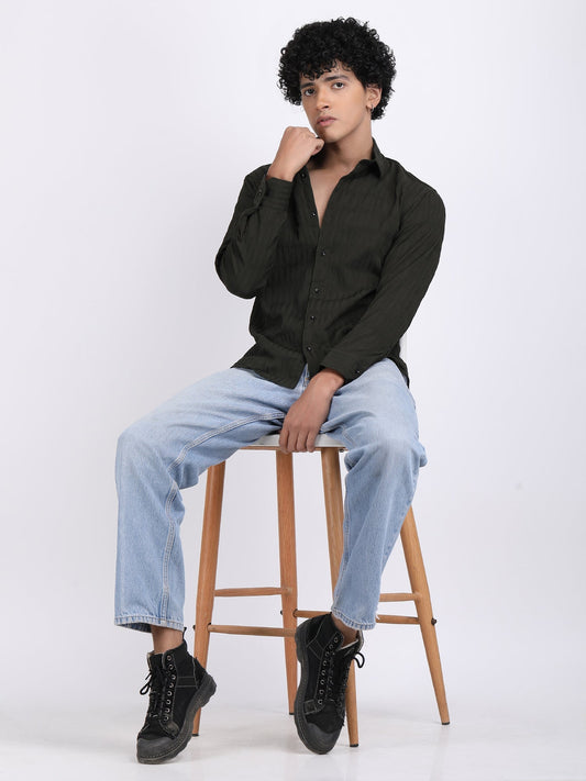 Dark Green Popcorn Texture Full Sleeves Shirt