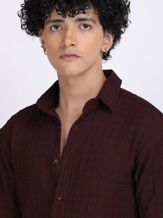 Dark Maroon Popcorn Texture Half Sleeves Shirt
