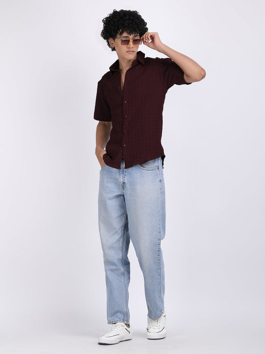Dark Maroon Popcorn Texture Half Sleeves Shirt