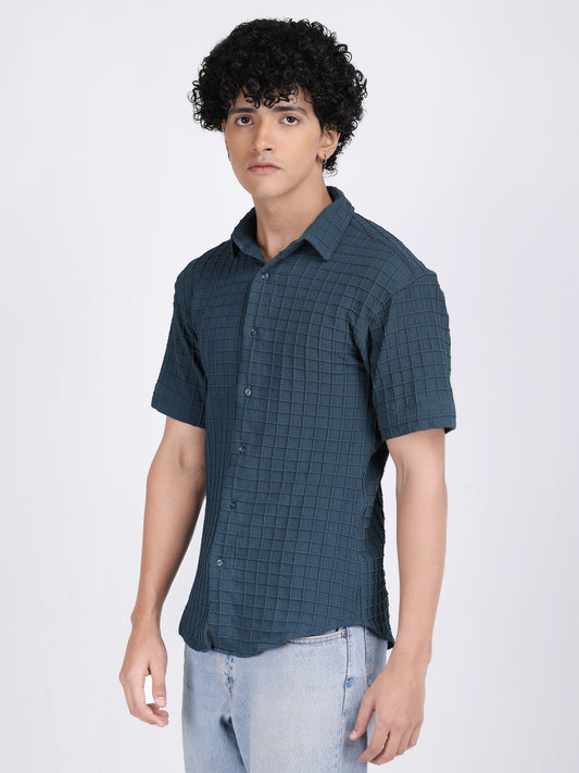 Cyan-Blue Popcorn Texture Half Sleeves Shirt