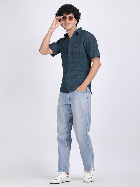 Cyan-Blue Popcorn Texture Half Sleeves Shirt