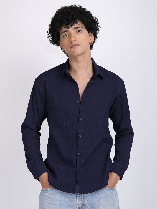 Navy Blue Popcorn Texture Full Sleeves Shirt