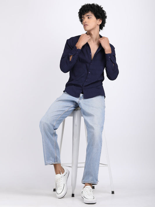 Navy Blue Popcorn Texture Full Sleeves Shirt