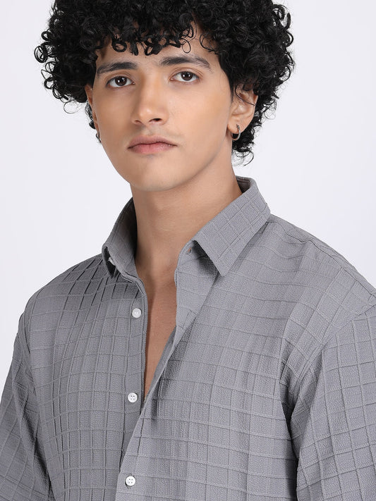Grey Popcorn Texture Half Sleeves Shirt