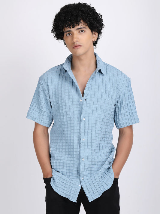 Light Sky Blue Popcorn Texture Half Sleeves Shirt