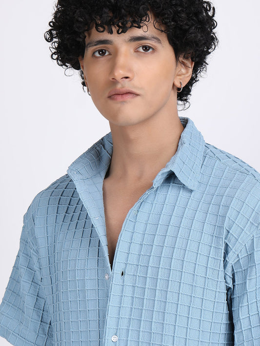 Light Sky Blue Popcorn Texture Half Sleeves Shirt
