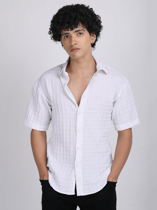 White Popcorn Texture Half Sleeves Shirt