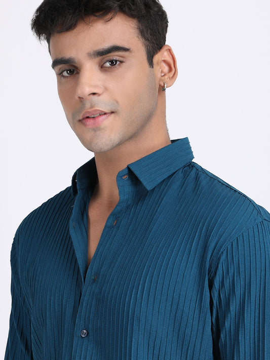 Dark Blue Popcorn Texture Full Sleeves Shirt