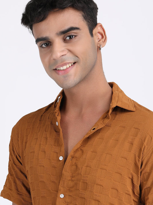 Light Brown Popcorn Texture Half Sleeves Shirt