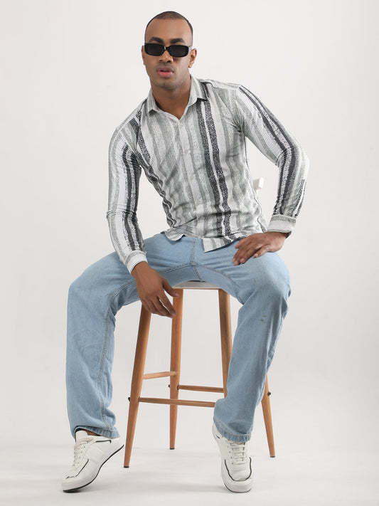 Grey Olive Vertical Lines Turkish Weave Shirt