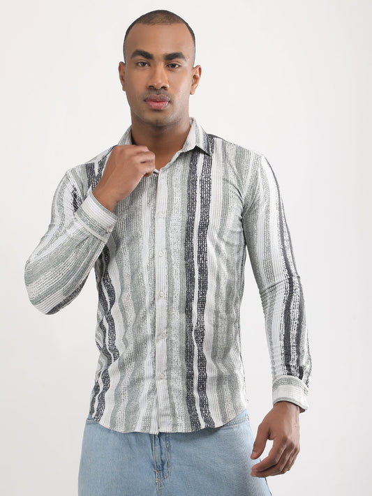 Grey Olive Vertical Lines Turkish Weave Shirt