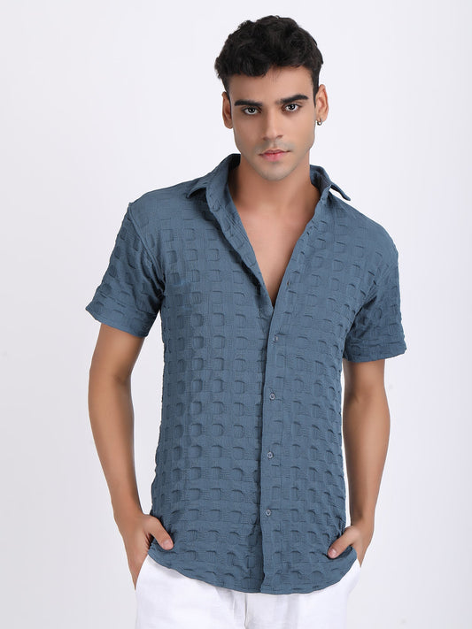 Dark Blue Popcorn Texture Half Sleeves Shirt