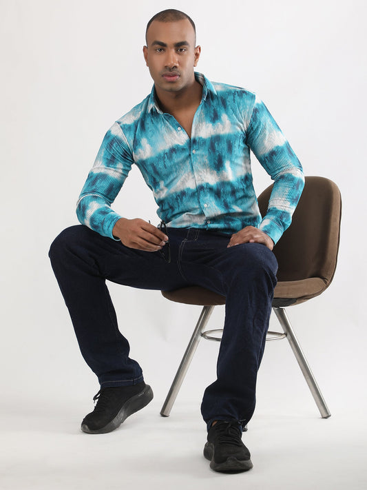 Teal Blue Print Turkish Weave Shirt