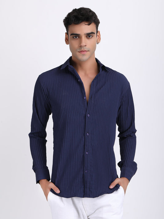 Navy Blue Popcorn Texture Full Sleeves Shirt