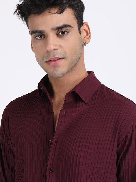 Dark Maroon Popcorn Texture Full Sleeves Shirt