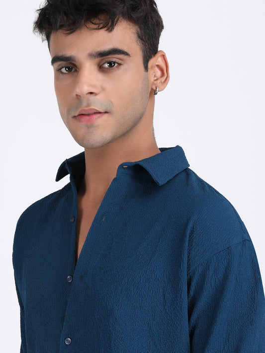 Dark Blue Popcorn Texture Full Sleeves Shirt