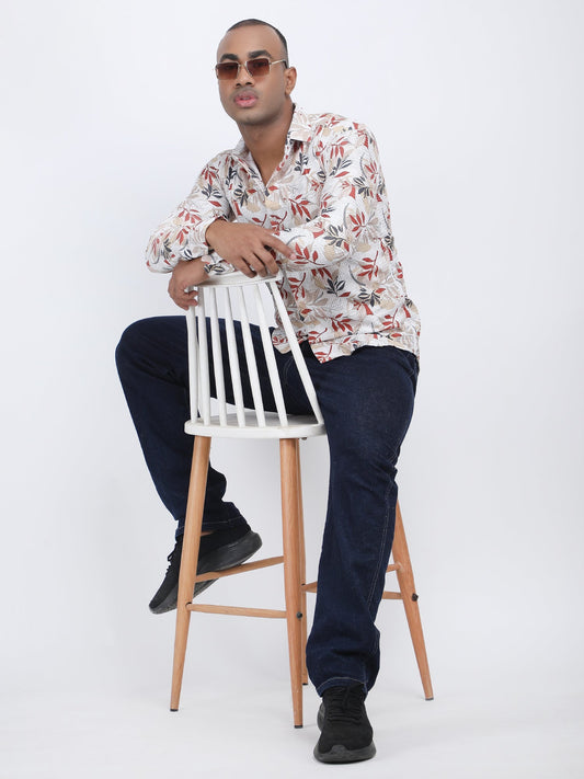 White Floral Print Turkish Weave Shirt