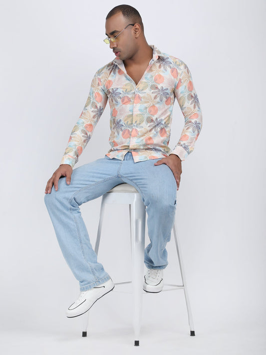 Cream Floral Print Turkish Weave Shirt