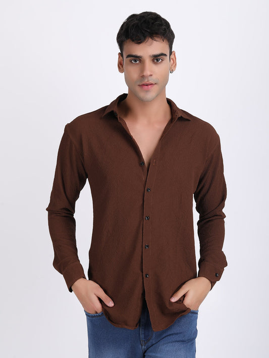 Crater Brown Popcorn Texture Full Sleeves Shirt