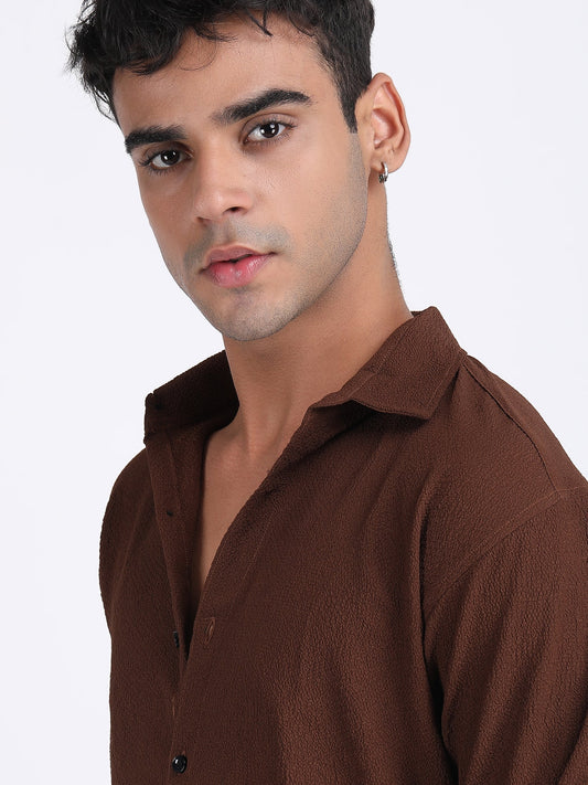 Crater Brown Popcorn Texture Full Sleeves Shirt