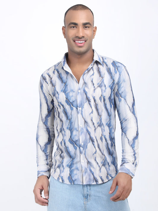 White Blue Marble Print Turkish Weave Shirt