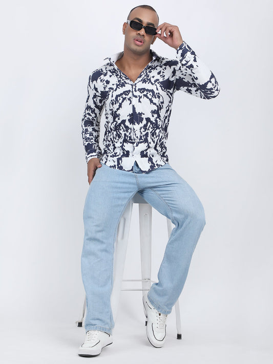 White Navy Printed Turkish Weave Shirt