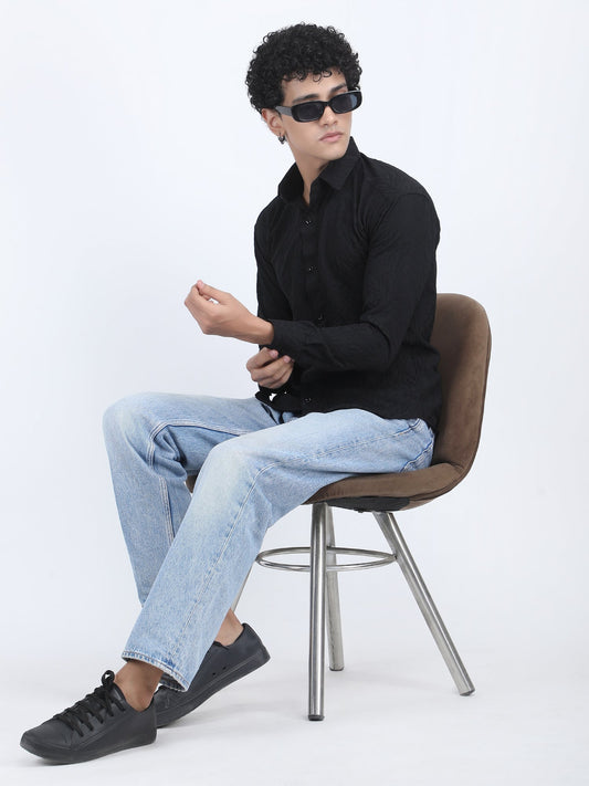 Black Jacquard Floral Designer Embossed Shirt