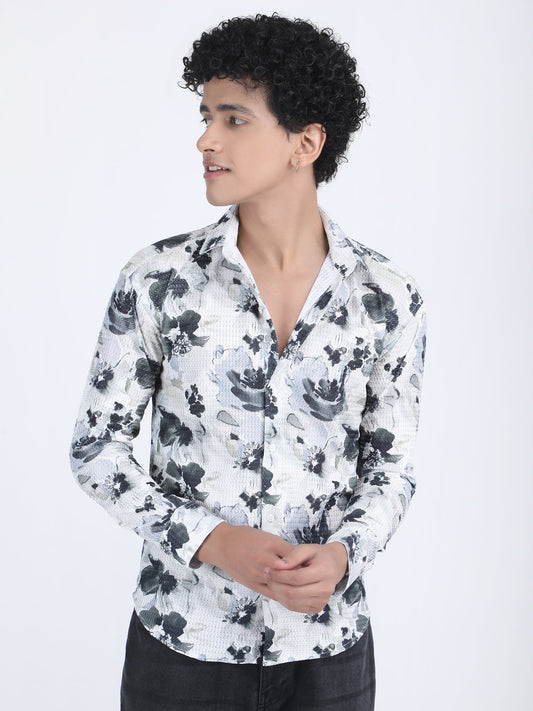White Grey Floral Printed Turkish Weave Shirt