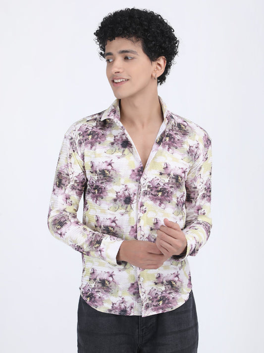 White Floral Printed Turkish Weave Shirt