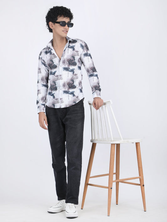 White Grey Printed Turkish Weave Shirt