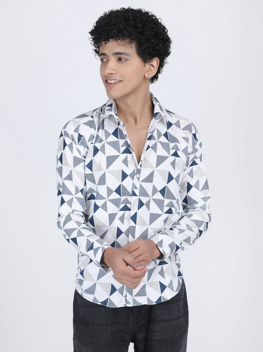 Blue Grey Geometric Design Turkish Weave Shirt