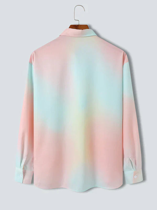 Mens Ombre Tie Dye Lapel Button Up Long Sleeve Shirts