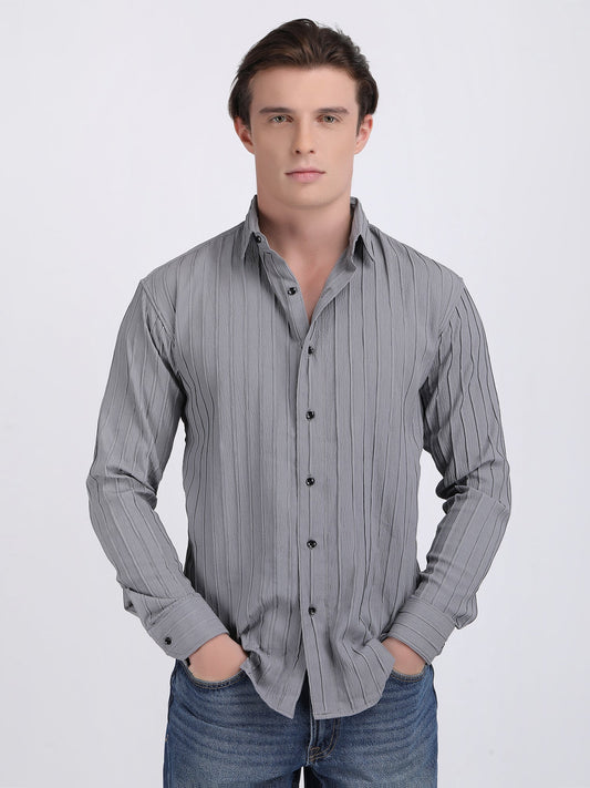 Grey Popcorn Texture Full Sleeves Shirt