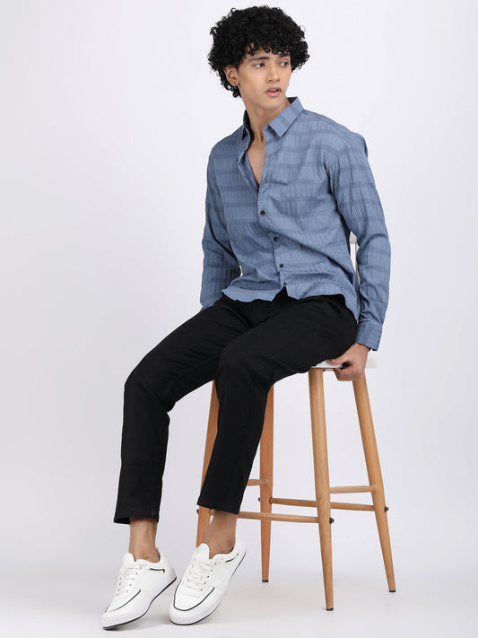 Light Blue Popcorn Texture Full Sleeves Shirt