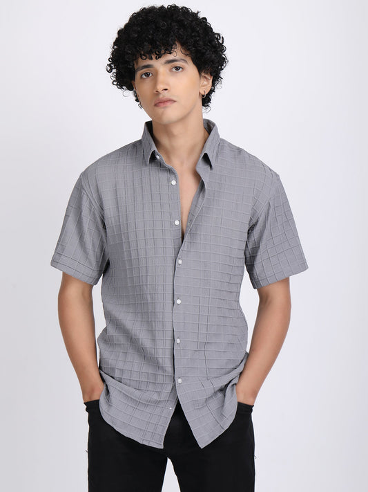 Grey Popcorn Texture Half Sleeves Shirt
