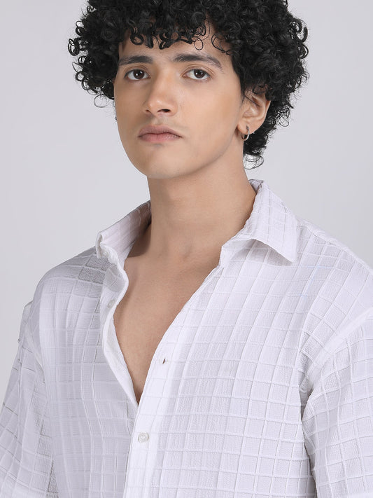 White Popcorn Texture Half Sleeves Shirt