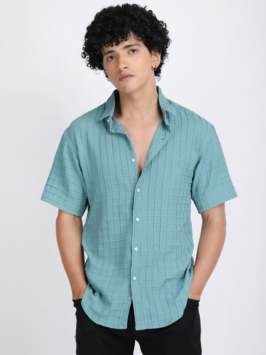 Sea Blue Popcorn Texture Half Sleeves Shirt