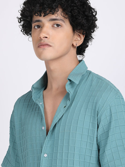Sea Blue Popcorn Texture Half Sleeves Shirt