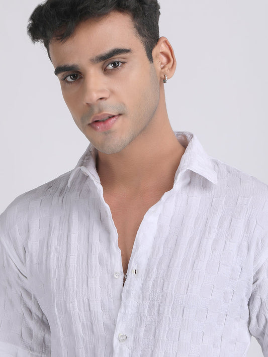 White Popcorn Texture Half Sleeves Shirt