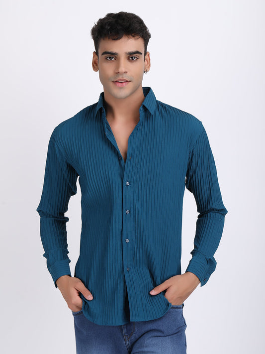 Dark Blue Popcorn Texture Full Sleeves Shirt