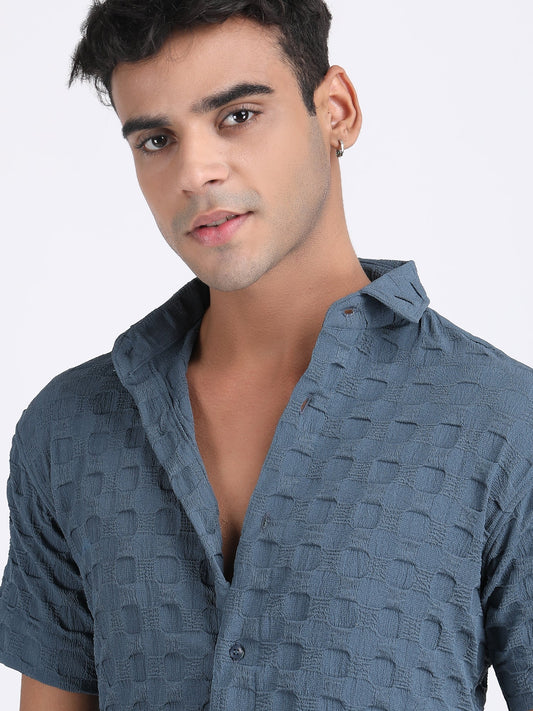 Dark Blue Popcorn Texture Half Sleeves Shirt
