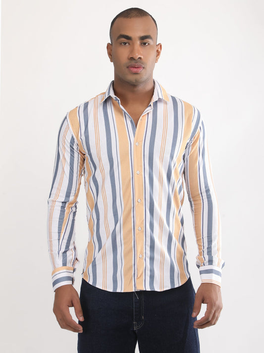Beige Grey Vertical Lines Turkish Weave Shirt