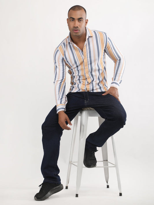 Beige Grey Vertical Lines Turkish Weave Shirt