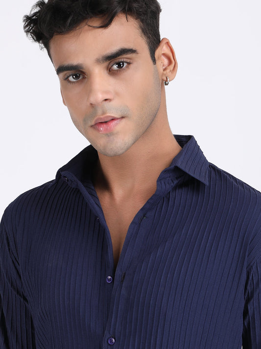 Navy Blue Popcorn Texture Full Sleeves Shirt