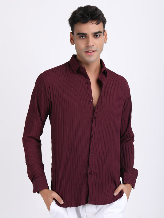 Dark Maroon Popcorn Texture Full Sleeves Shirt